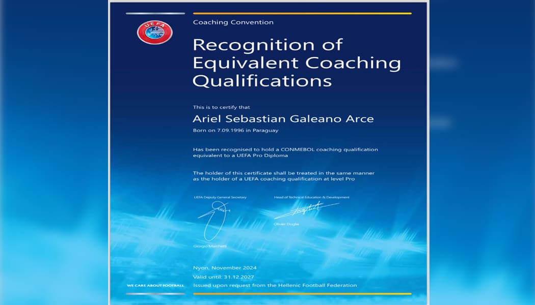 Αναγνωρίστηκε ως ισότιμο του UEFA PRO το πτυχίο του Γκαλεάνο